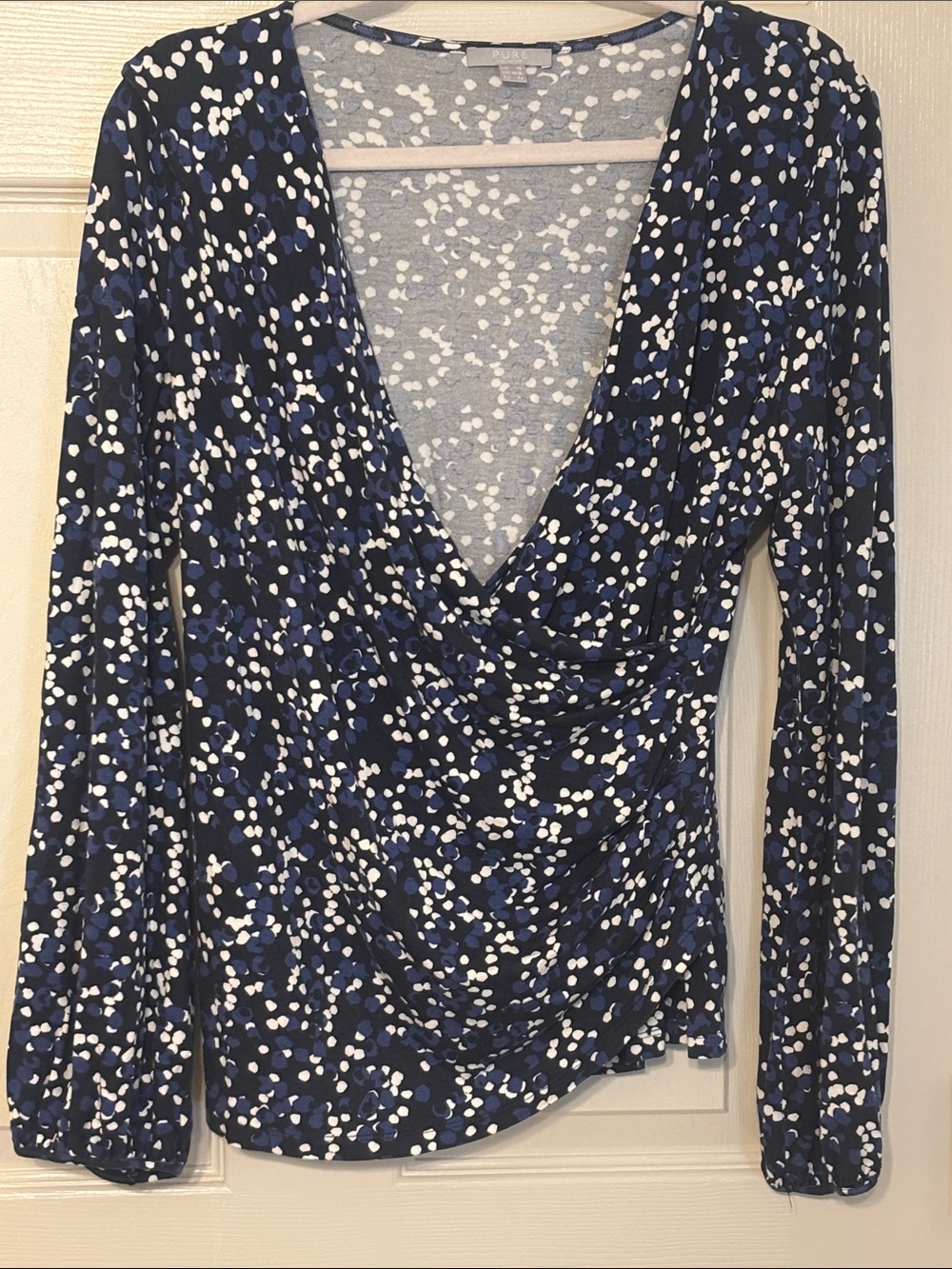 Pure Collection Navy, Royal Blue & White Printed Wrap-Front Long Sleeve Top